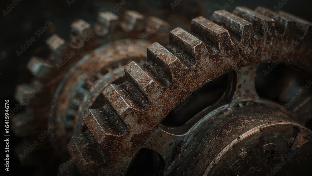 Poster close-up image of a weathered rusty cog