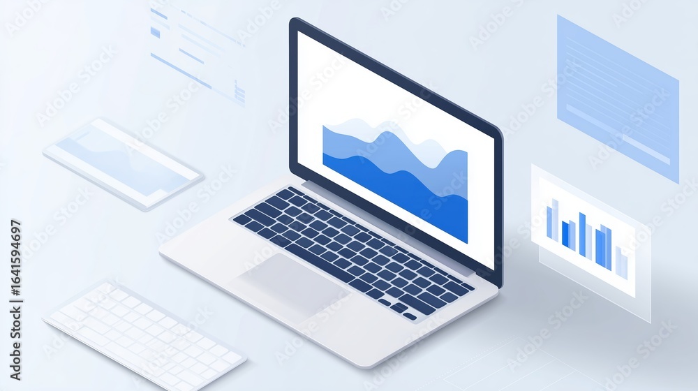Poster laptop mock up displaying data visualization with graphs and charts, surrounded by digital elements,