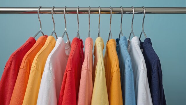 A variety of vibrant t-shirts displayed on hangers up close