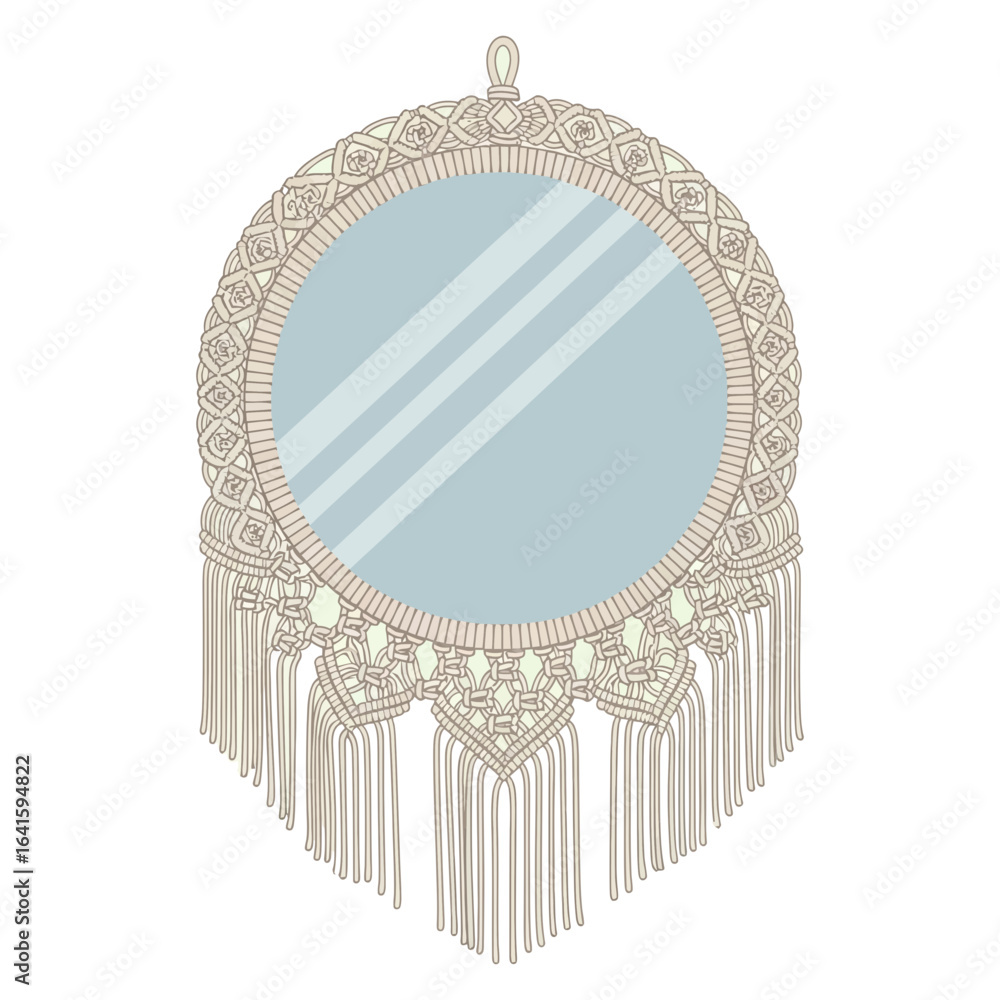 Poster round mirror with macrame fringe hanging from a loop at the top.