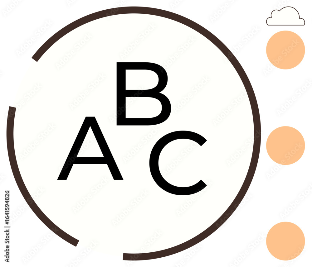 Poster letters a, b, and c in bold within circular frame, three orange dots in vertical sequence suggesting