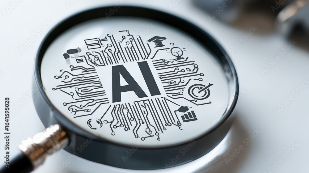 Poster artificial intelligence concept with magnifying glass revealing network of symbols representing ai t