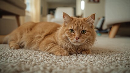 Sweet red tabby cat sitting comfortably on a carpet