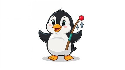 Fototapeta premium Charming animal cartoon featuring a penguin with fishing gear on a plain background.