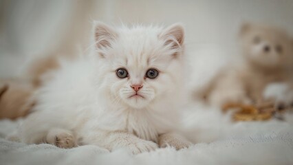 Sweet little white cat with fluffy hair as a domestic animal