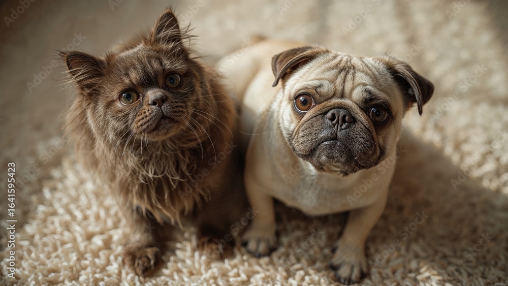 Poster charming cat and delightful pug positioned side by side on the floor.