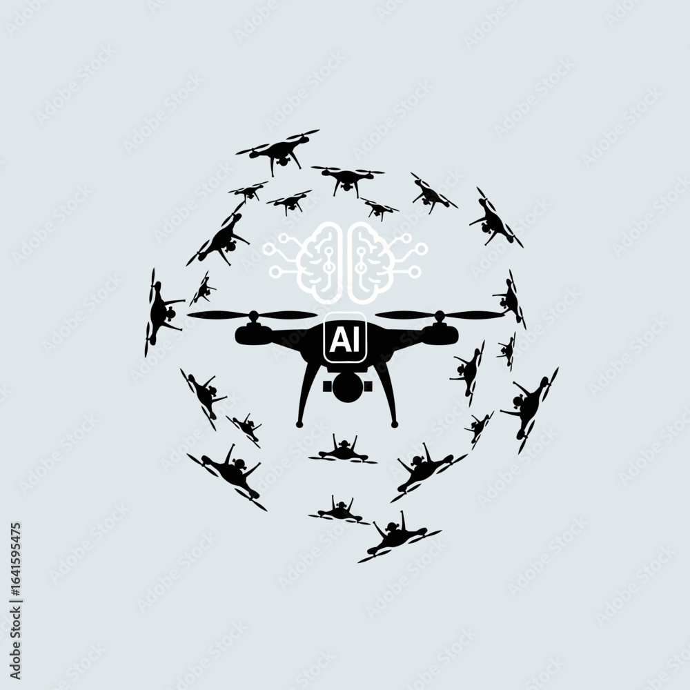 Poster drone surrounded by abstract birds forming a circle around the central object.