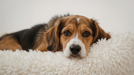 Sweet-faced foxhound and beagle mix resting comfortably on a couch