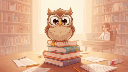 Adorable illustrated owl holding a book