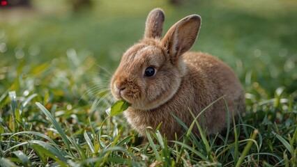 Fototapeta premium Sweet brown rabbit nibbling greenery near a countryside home