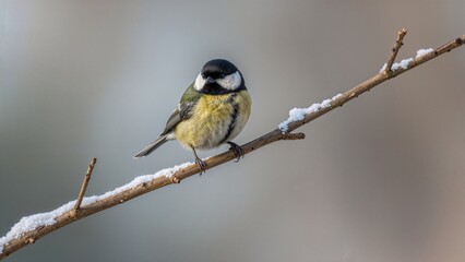 Fototapeta premium Lovely little bird sitting quietly on a naked tree branch in chilly weather
