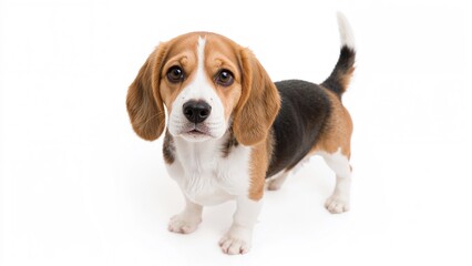 Adorable beagle puppy on a plain white backdrop