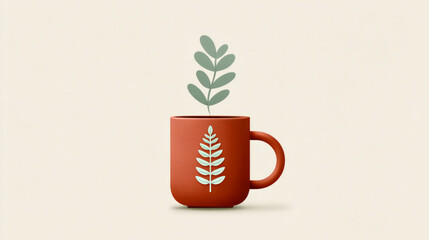 Minimalist red mug with leaf design on cream background