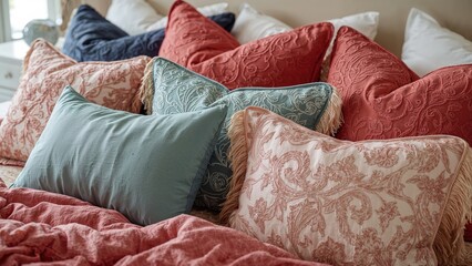 Vibrant cushions arranged on bed, detailed close-up