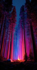 Obraz premium Night forest with vibrant colors, tent, and fire