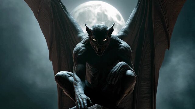 Dark Gargoyle on Ancient Tower Under Moonlight