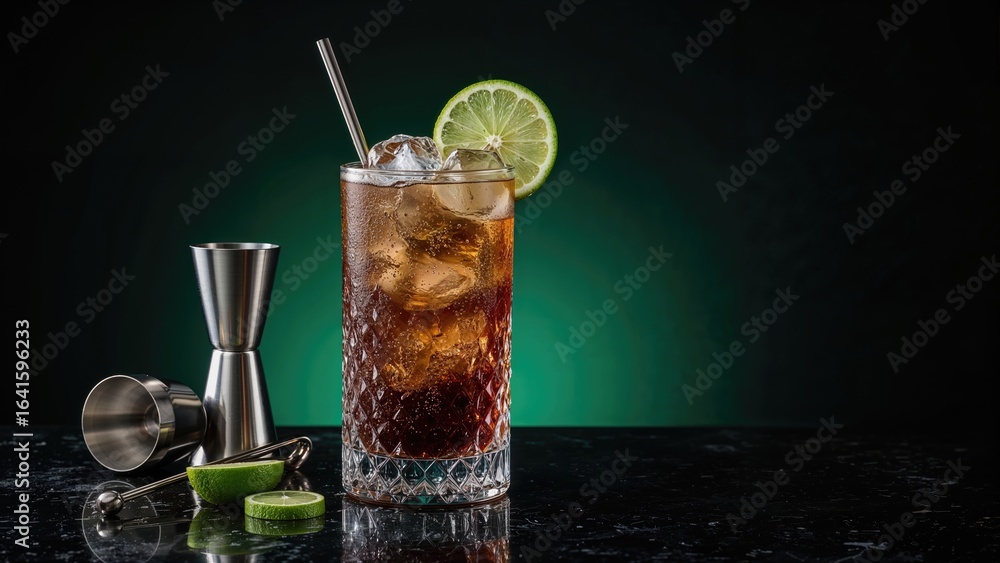 Poster rum and cola drink with lime and lemon juice on dark background with bar tools and ice