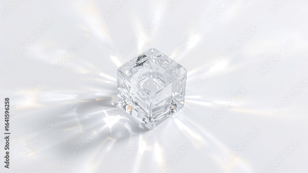 Poster light beams illuminating a clear cubic crystal on a white backdrop. artistic background with abstrac