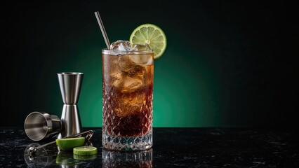 Rum and cola drink with lime and lemon juice on dark background with bar tools and ice