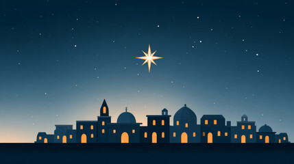 Starry night over bethlehem silhouette with bright guiding star