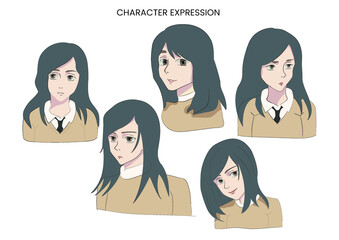Anime girl character expression sheet with multiple emotions. Digital illustration of a young schoolgirl's facial reactions and moods.