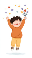 Happy asian child jumping with flowers and colorful shapes
