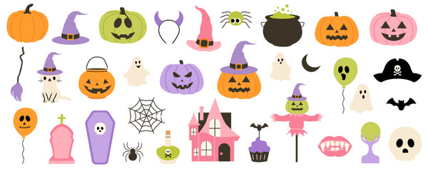 Hand drawn Halloween illustrations. Pumpkin, witch hat, cauldron, haunted house, ghost, tombstone. Cute festive doodles for invitations, greeting cards, posters, stickers, seasonal designs.