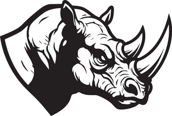 A fierce rhinoceros head shown in profile, a powerful black and white graphic illustration.