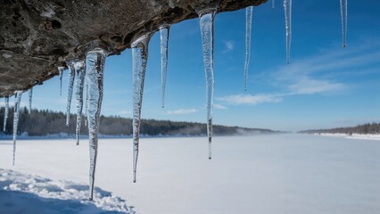 Frozen icicles dangling from a rooftop in the cold season