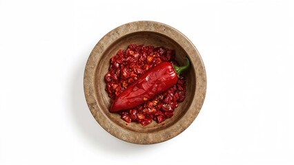 Stone bowl filled with crushed red chili flakes against a white backdrop