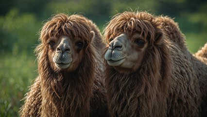Obraz premium Adult Bactrian camels in a green meadow, critically endangered species grazing together