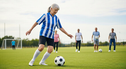 Focused active elderly woman playing soccer. Sport concept for seniors, sport for retirement