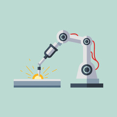 Fototapeta premium Robotic arm welds metal with sparks industrial automation technology manufacturing process.
