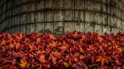 Bright red leaves in the foreground with a water tower behind, capturing the essence of fall and nature