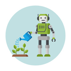 Obraz premium A green robot waters small green plants with a blue watering can.