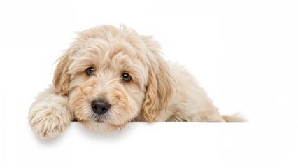 Adorable light-colored Labradoodle puppy lying down and staring directly at the camera with a closed mouth on a white backdrop.