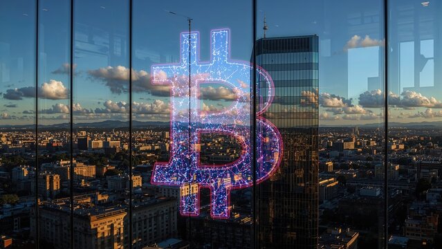 Futuristic hologram of the Bitcoin sign layered on office buildings depicting concepts of blockchain and cryptocurrency mining. - Powered by Adobe