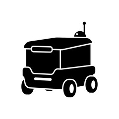 Black silhouette of a delivery robot with four wheels and an antenna.