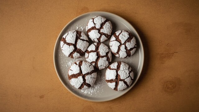 Broken chocolate cookies dusted with powdered sugar on a rustic wooden surface