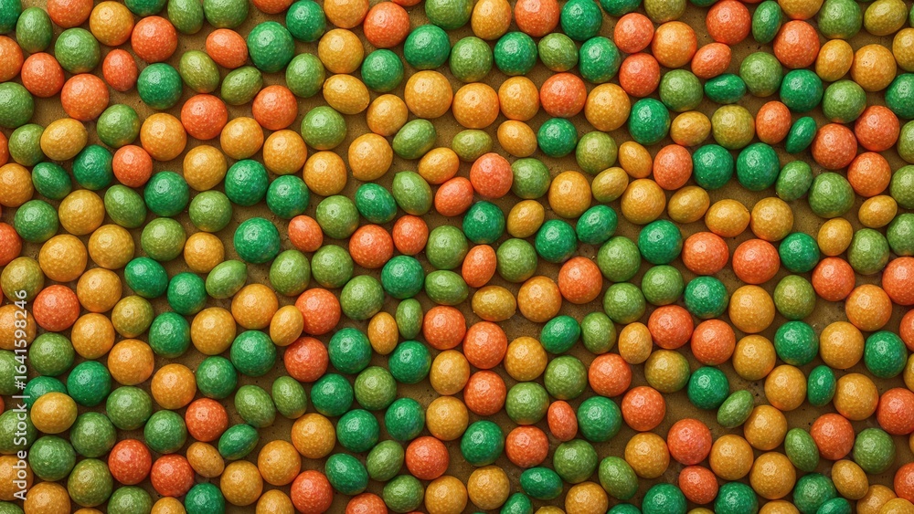 Poster assorted colorful confections displayed on a vendor's table captured from above, emphasizing a livel