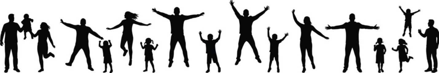 Jumping family silhouette, happy kids and parents, joyful celebration vector, children leaping, family fun moment, black silhouette illustration