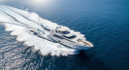 Luxury yacht speeding across blue ocean water