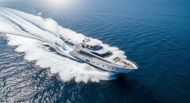 Luxury yacht speeding across blue ocean water