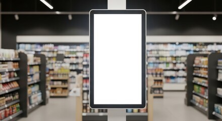 A blank digital display in a grocery store aisle, ready for advertising or information.