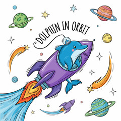 Cartoon Handdrawn Dolphin in Rocket Ship with Planets Space Adventure Illustration