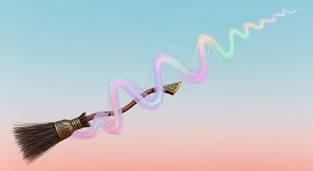 Flying broomstick with magical trail on gradient background, fantasy adventure and witchcraft concept, perfect for children's books and themed events