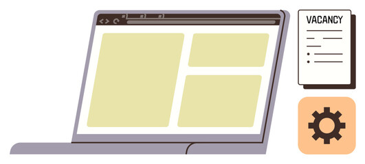 Open laptop displaying website layout alongside vacancy paper and gear icon. Ideal for job search, online applications, career portals, recruitment, HR tasks, workflow, technology. Simple flat