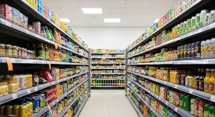 A supermarket aisle filled with various beverages and packaged goods.