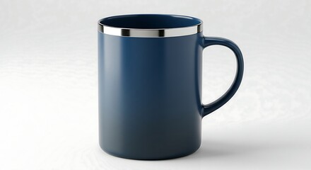 Tall sleek navy blue coffee mug with silver rim and handle