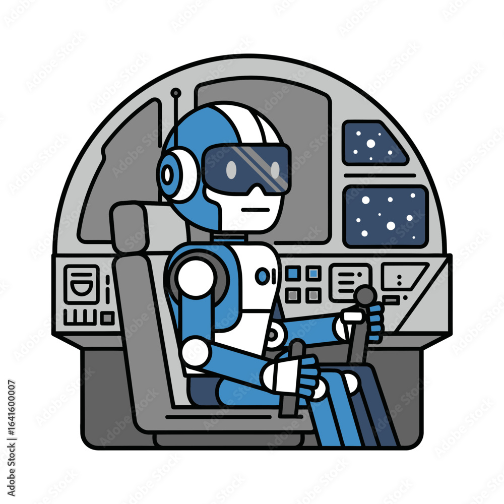 Poster robot pilot sits in cockpit with stars visible through the window.